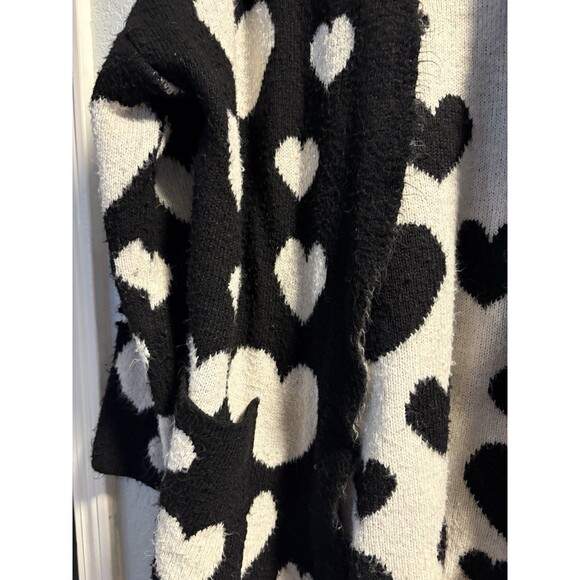 Maeve Anthropologie Halley Hearts Cardigan Black White Medium Large Cozy Sweater - Picture 3 of 8